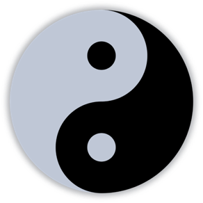 A grey and black yin yang symbol that fades up to cover a yellow and black yin yang symbol , making it look like the colour has drained from it.